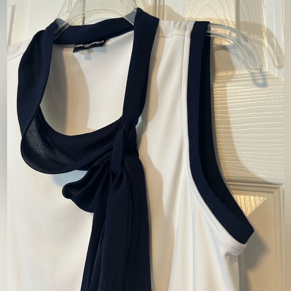 Karl Lagerfeld Tank Top Split Hem White Navy Small Neck Tie Loose Fit Stretch - Picture 9 of 13